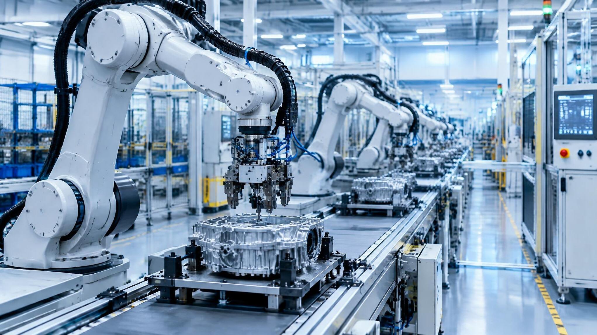 Industrial production line with automated robotic arms