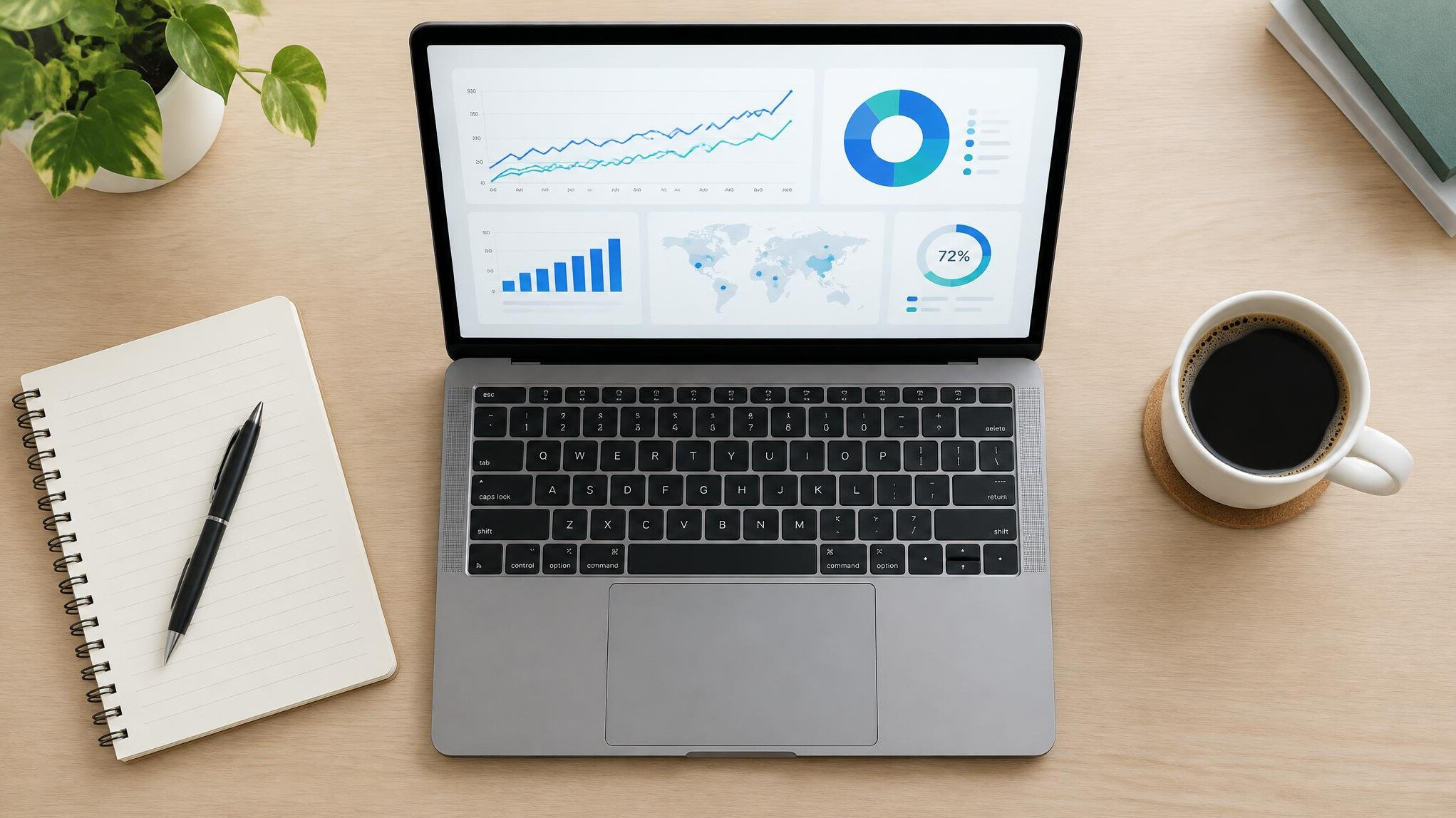 Laptop showing analytics charts on a desk