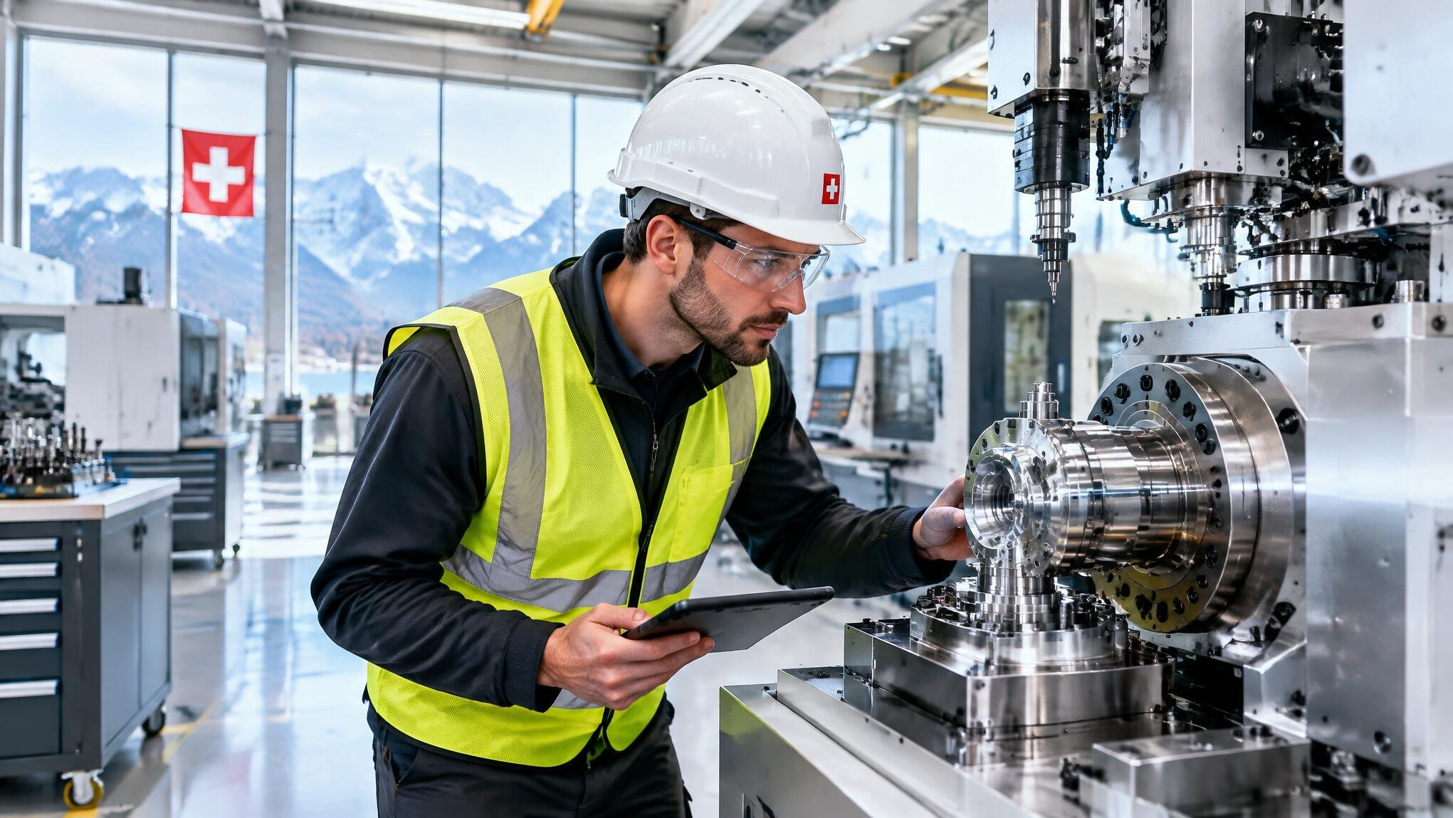Engineer inspecting machinery in a modern factory